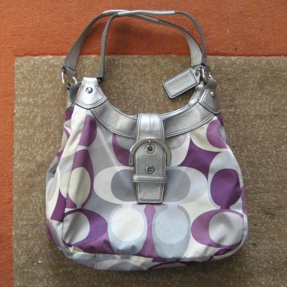 Authentic COACH Soho Satin Scarf Print Bag, Purple Silver, ##F17406